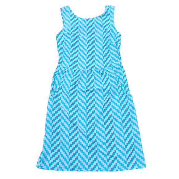 Blue Chevron Stripe Dress Jude Connally MaryPat Sz XS Sleeveless Pockets Stretch - Picture 8 of 8